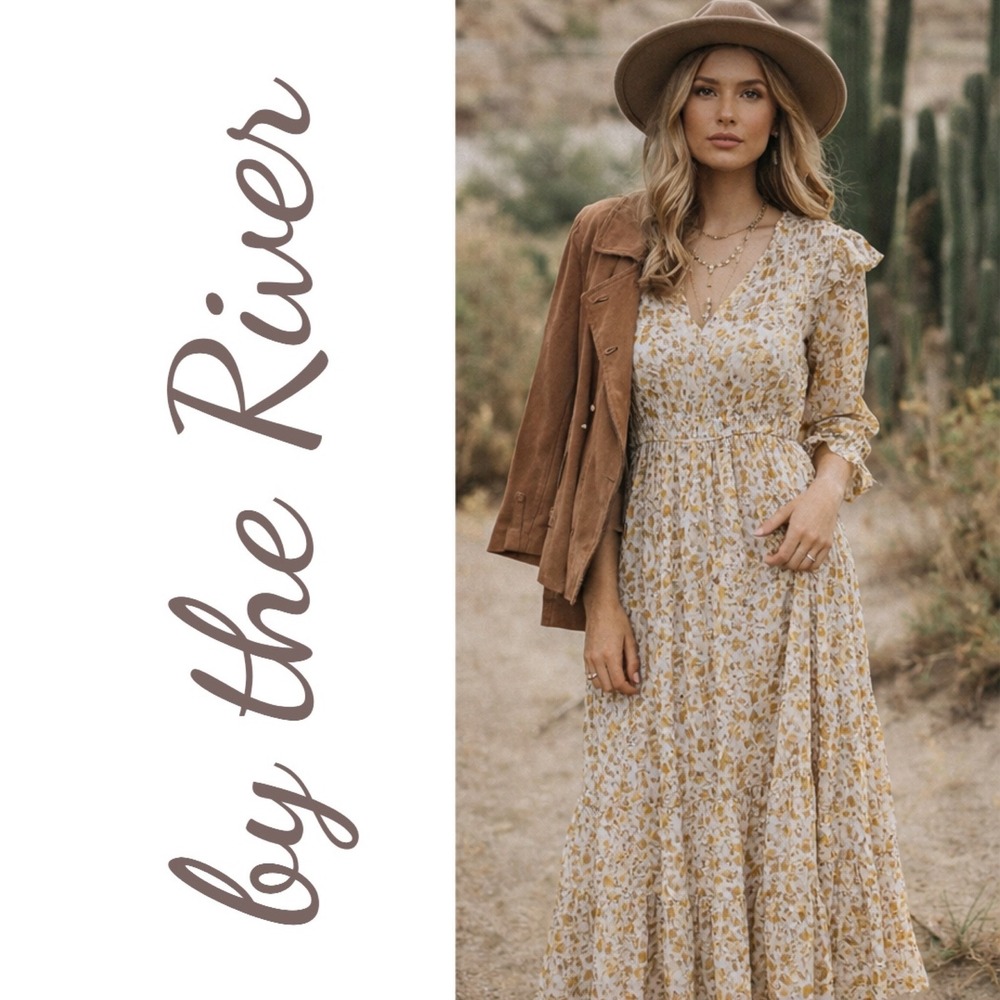By the River Romantic Floral Boho Smocked Tiered Maxi Dress Cream Yellow, Medium - Picture 7 of 14